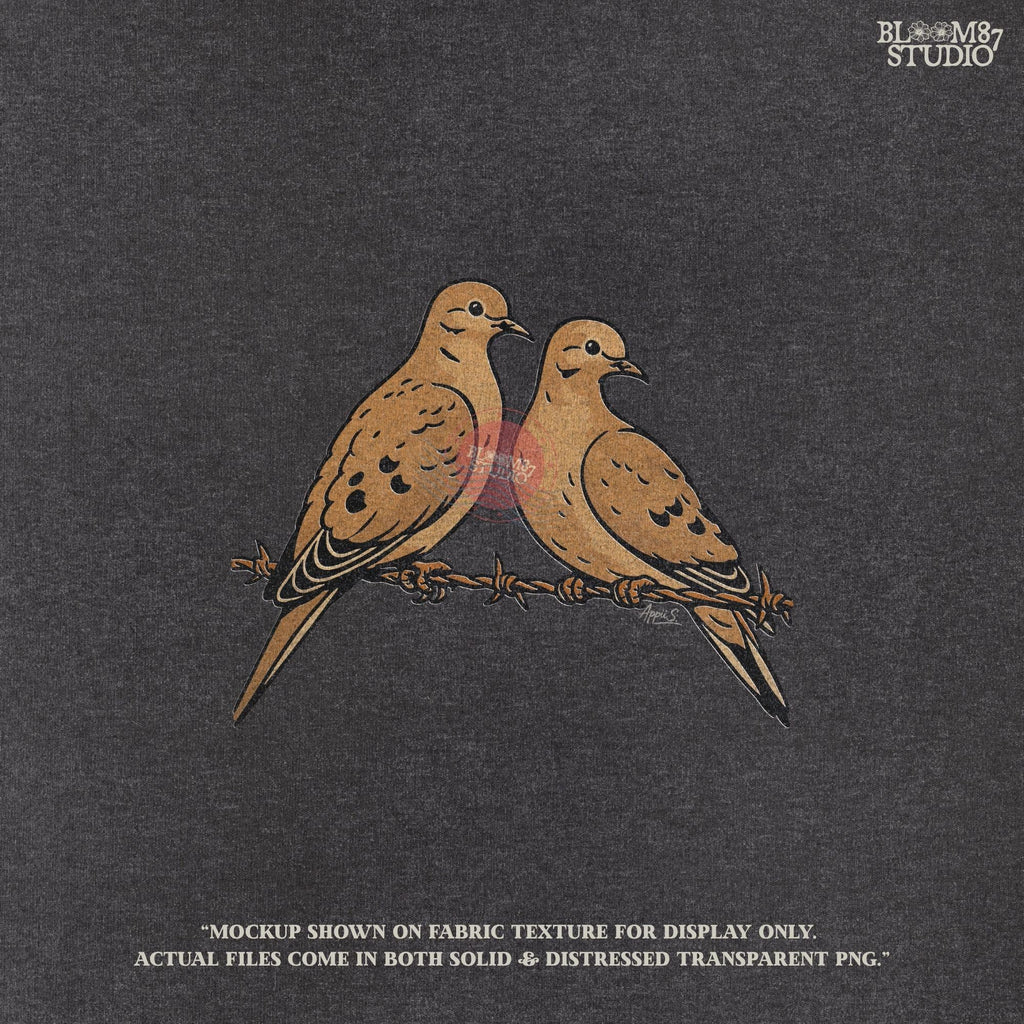 Two mourning doves perched on barbed wire, detailed rustic-style illustration, perfect for hunting season or southern country sublimation crafts.