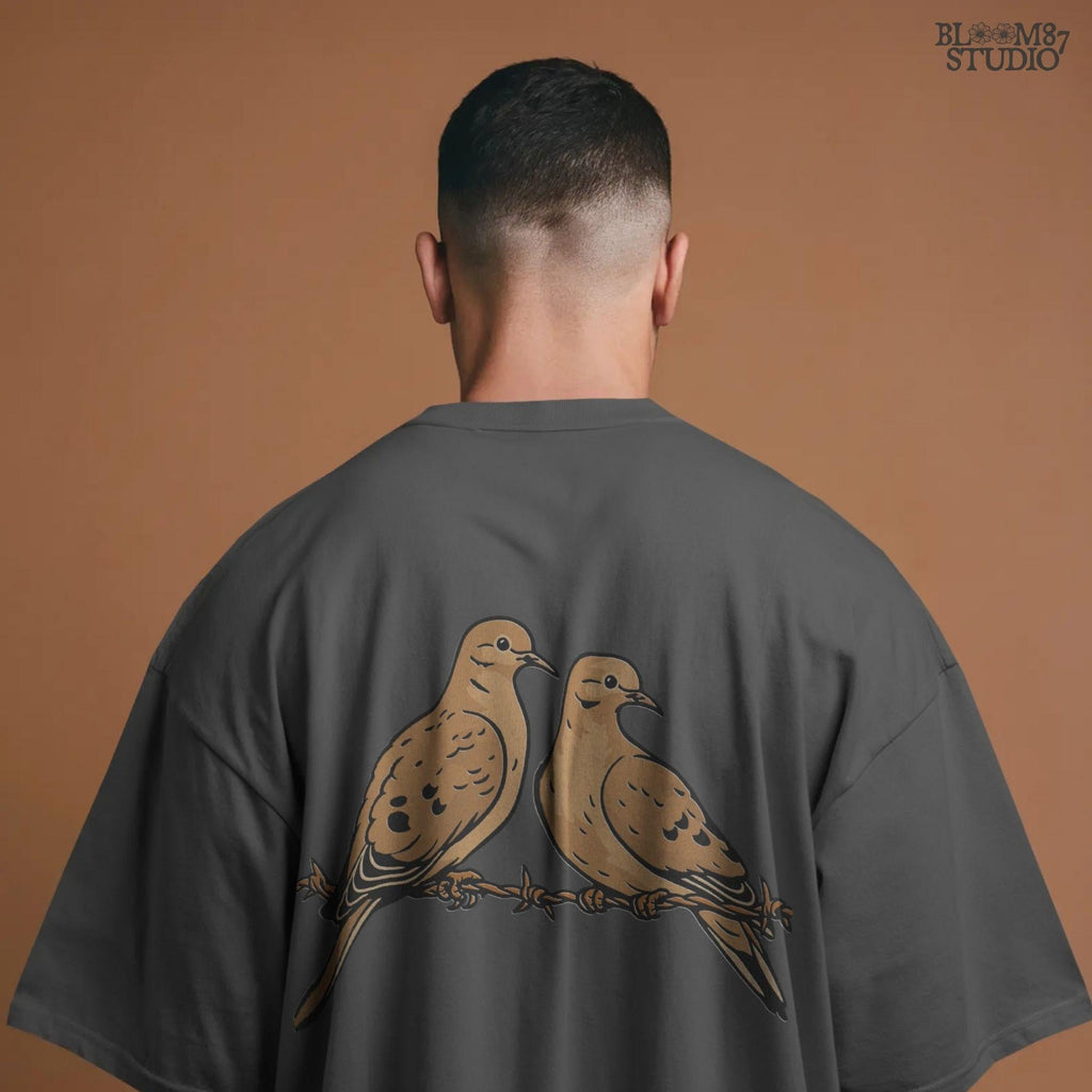 Two mourning doves perched on barbed wire, detailed rustic-style illustration, perfect for hunting season or southern country sublimation crafts.