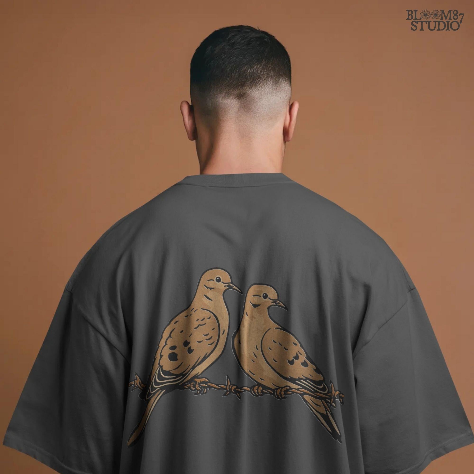 Two mourning doves perched on barbed wire, detailed rustic-style illustration, perfect for hunting season or southern country sublimation crafts.