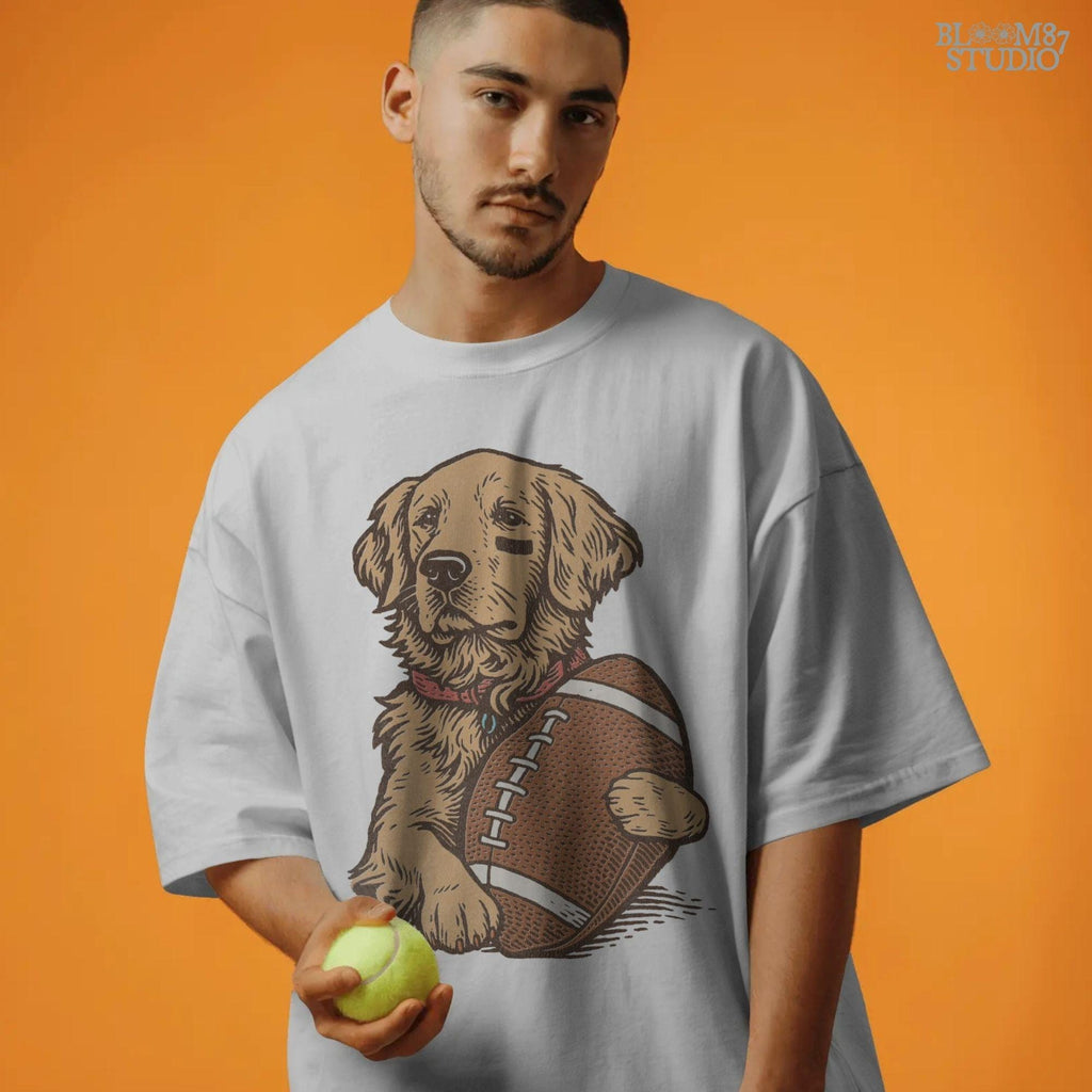 Illustration of a golden retriever holding a football, cute sports dog sublimation PNG for game day shirts, tailgate party designs, and pet lover gifts.