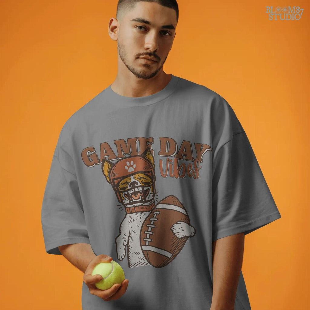 Cartoon Jack Russell Terrier wearing a football helmet holding a ball with the text “Game Day Vibes” – sublimation PNG for sports fans and pet lovers