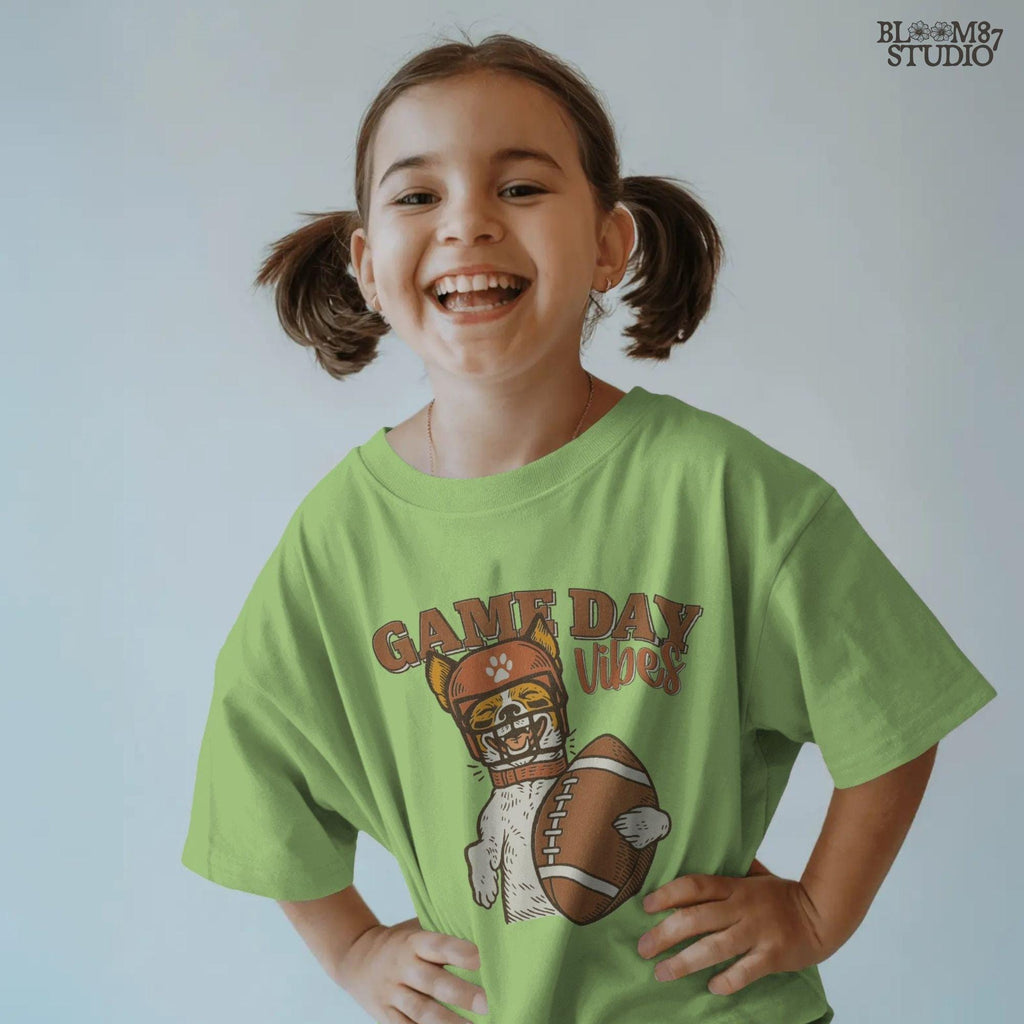 Cartoon Jack Russell Terrier wearing a football helmet holding a ball with the text “Game Day Vibes” – sublimation PNG for sports fans and pet lovers