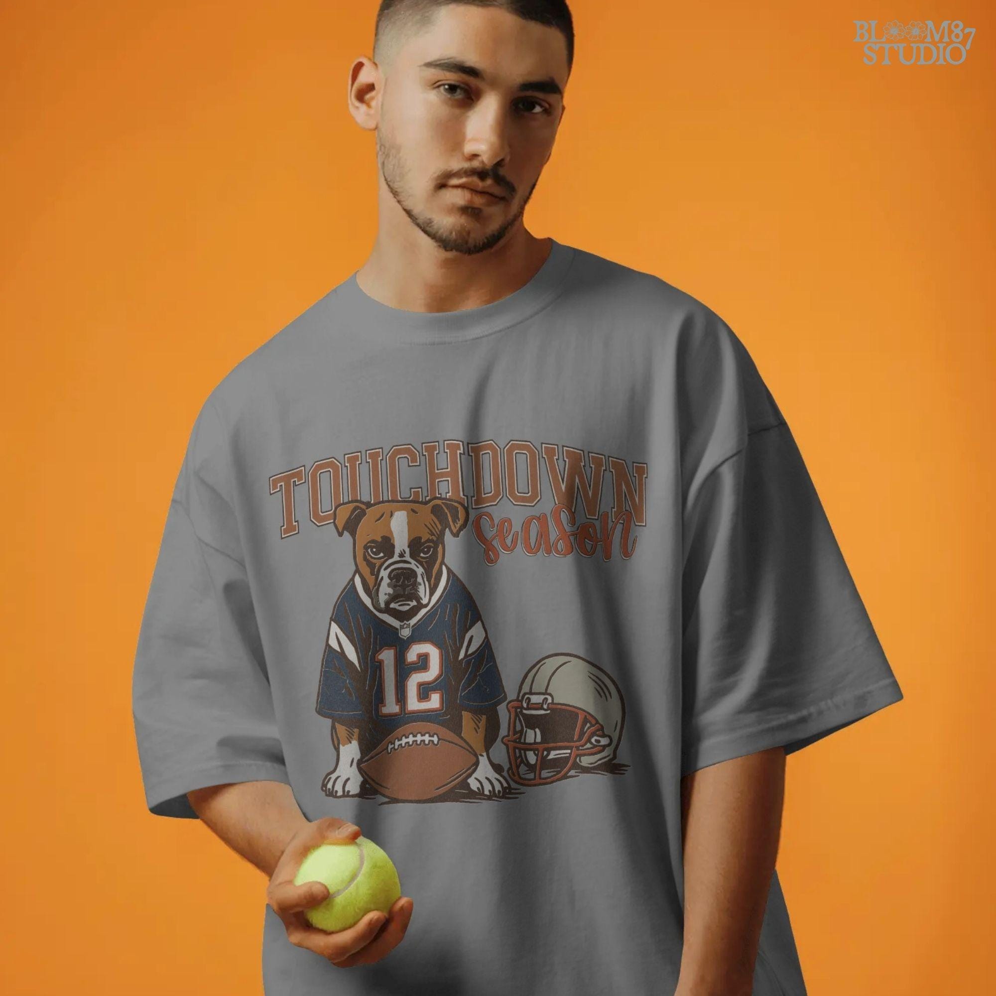 Illustration of a bulldog wearing a football jersey with helmet and ball, text “Touchdown Season” – sublimation PNG for sports fans and dog lovers