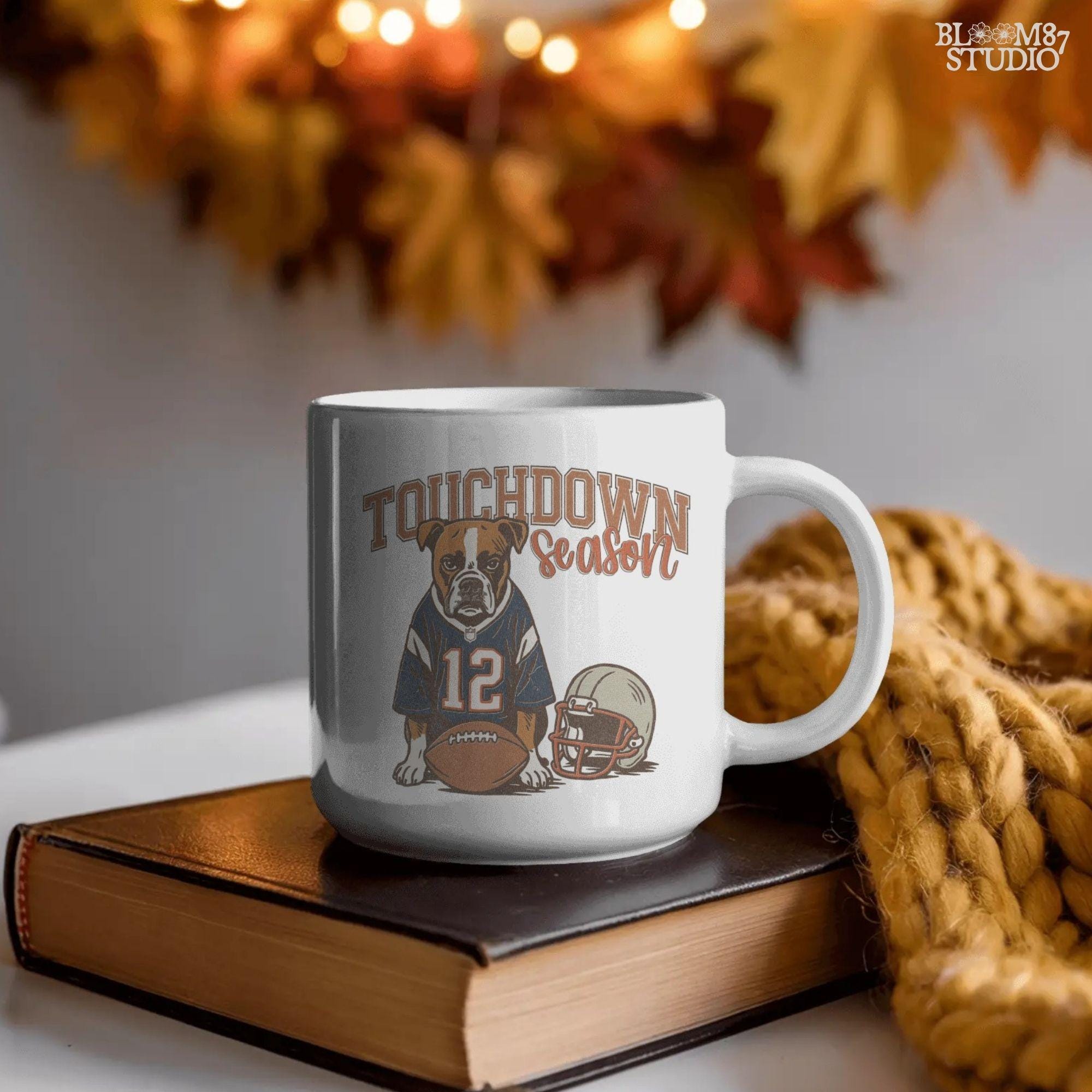 Illustration of a bulldog wearing a football jersey with helmet and ball, text “Touchdown Season” – sublimation PNG for sports fans and dog lovers