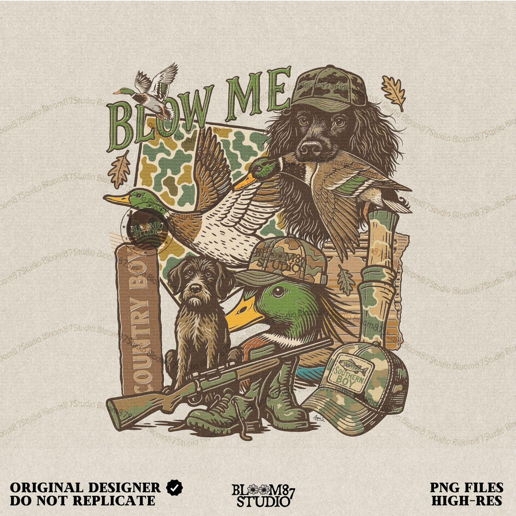 Retro collage of duck hunting elements including mallards, camo, duck dog, country boy rifle, and “Blow Me” southern humor quote.