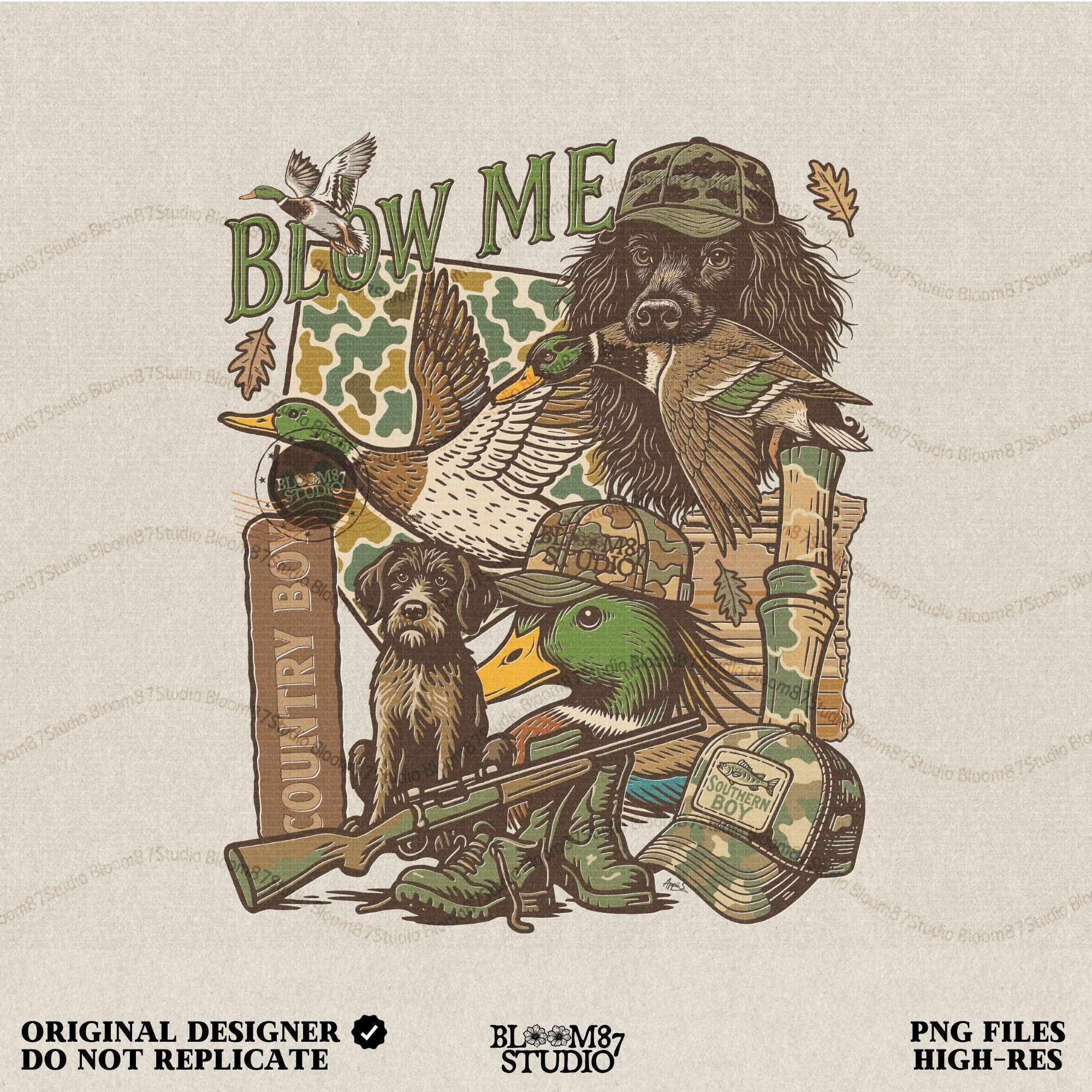 Retro collage of duck hunting elements including mallards, camo, duck dog, country boy rifle, and “Blow Me” southern humor quote.