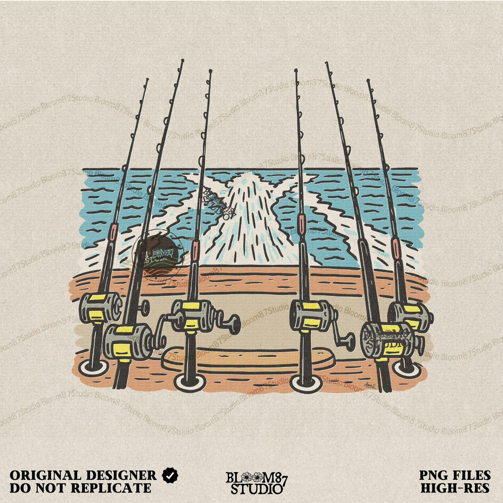 Illustration of offshore fishing rods set up on the stern of a boat moving through the ocean with visible wake, PNG design for sublimation