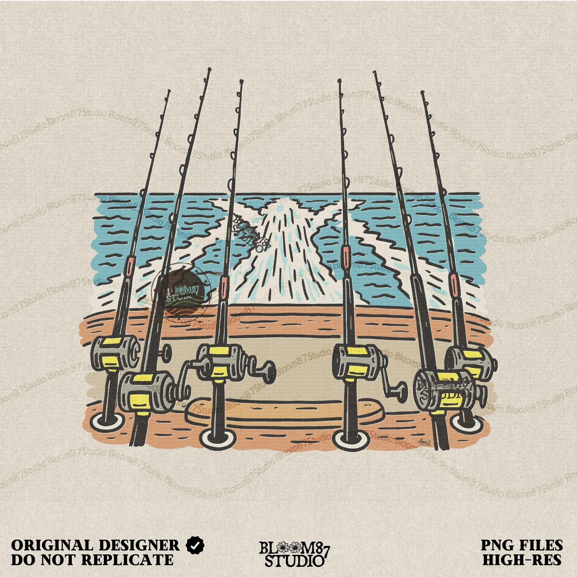 Illustration of offshore fishing rods set up on the stern of a boat moving through the ocean with visible wake, PNG design for sublimation