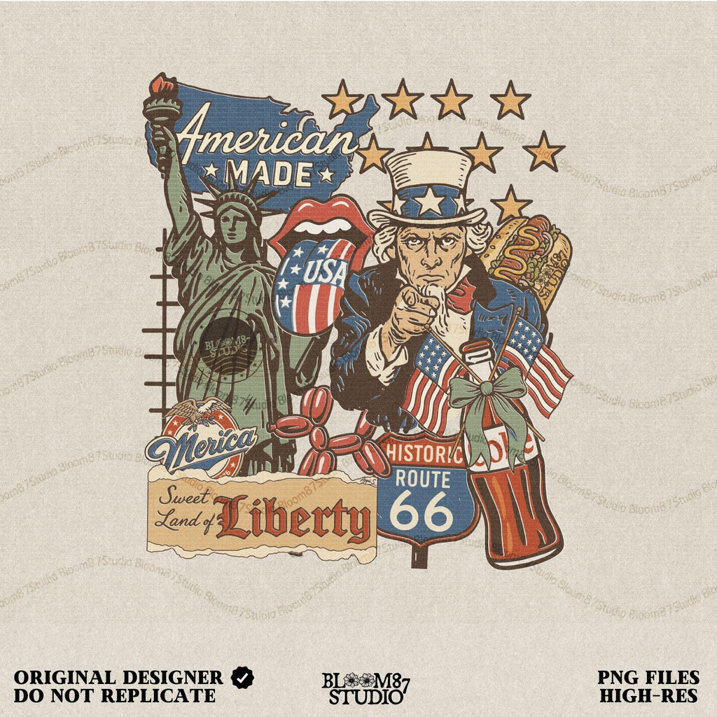 Retro American Made collage with Uncle Sam, Statue of Liberty, Route 66 sign, patriotic hotdog, and vintage USA symbols in red, white, and blue.