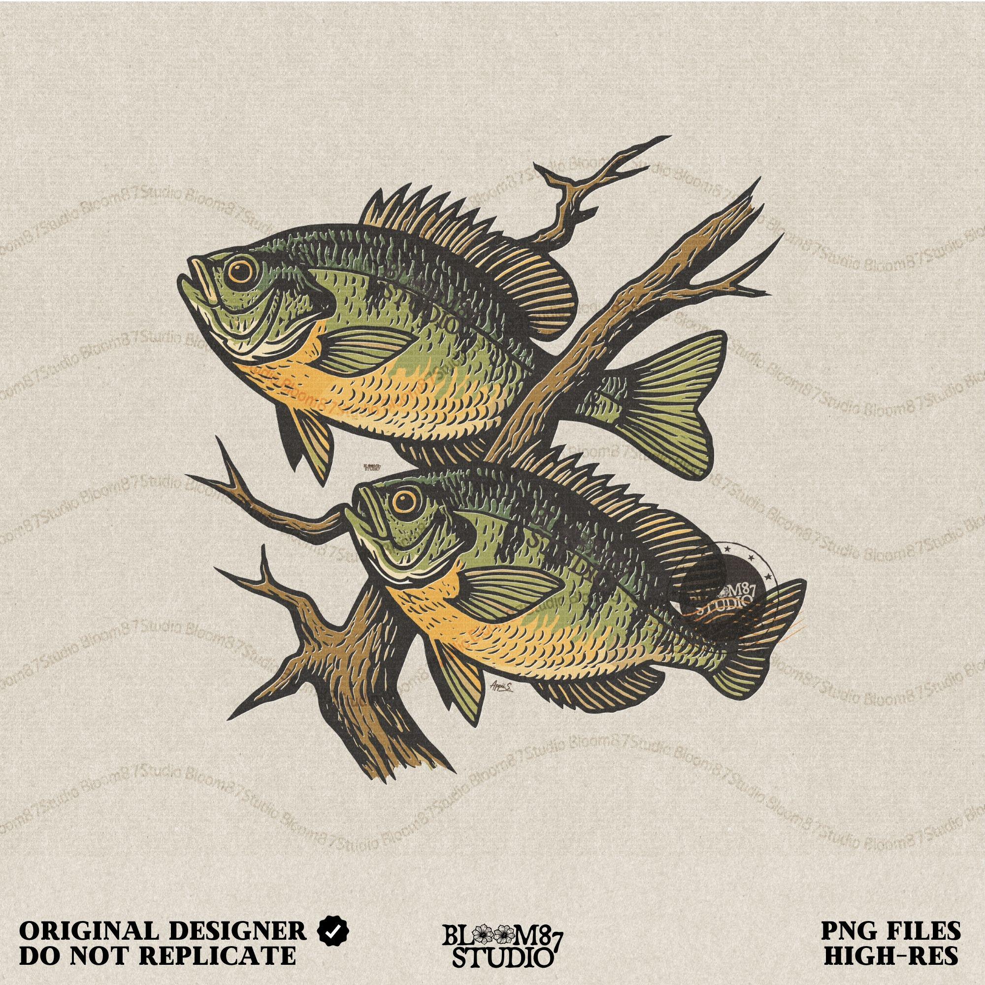 Two vintage-style bluegill fish swimming with underwater branches – realistic rustic PNG for sublimation shirts, signs, and fishing gifts.
