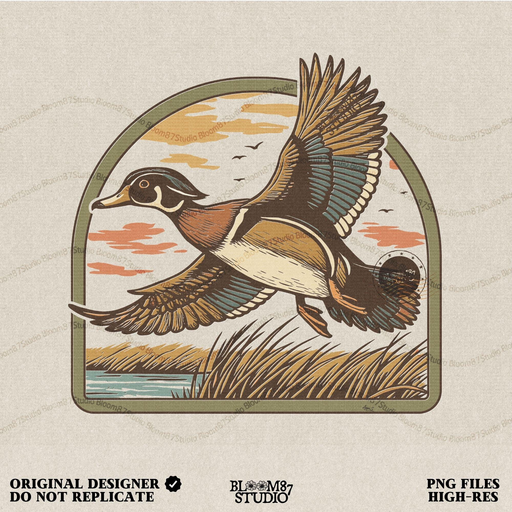 Illustration of a wood duck flying above a marsh at sunset with warm-toned clouds, cattails, and a reflective waterline.