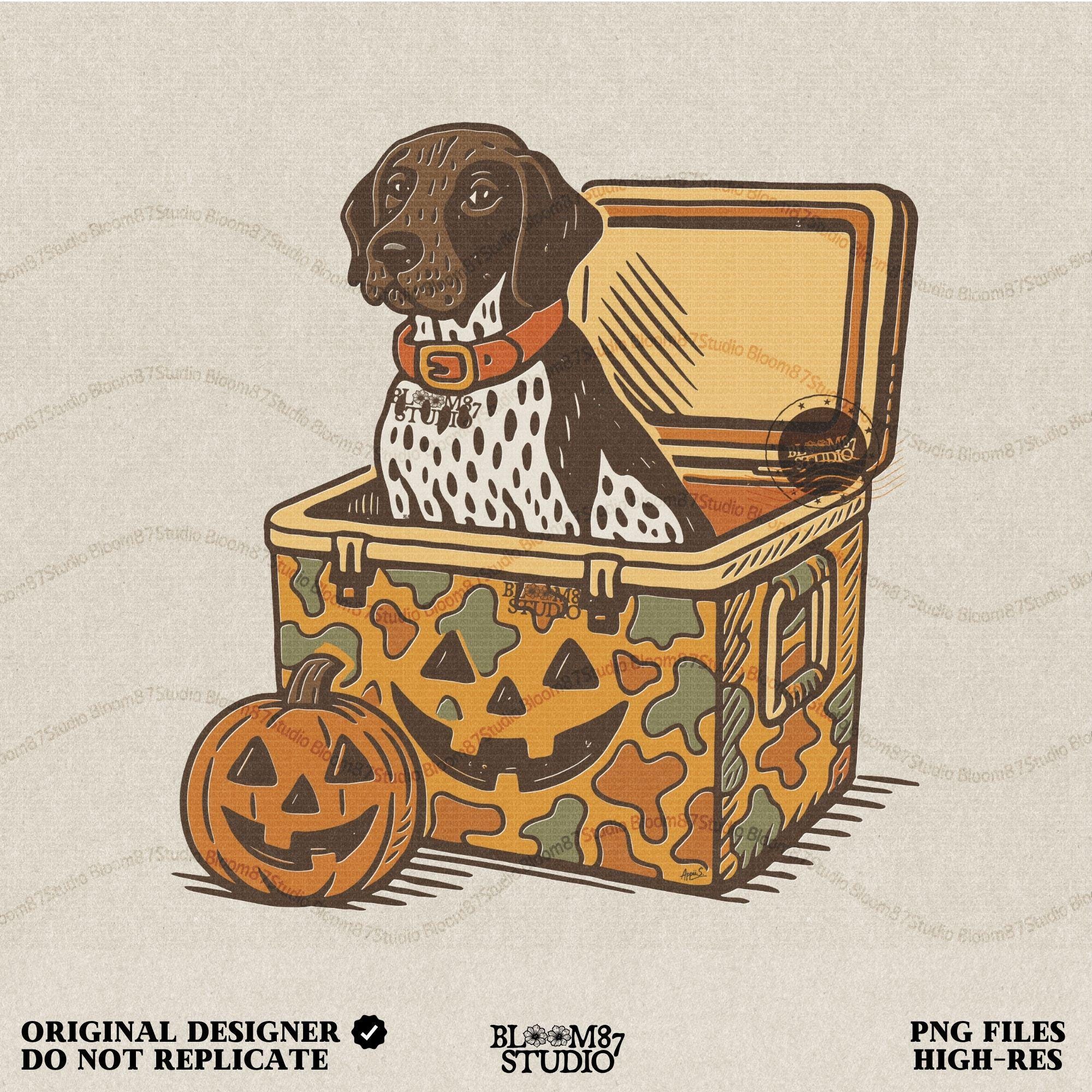 German Shorthair Pointer dog sitting inside a camo cooler with Jack O’ Lantern carvings, Halloween-themed sublimation PNG for fall shirts.