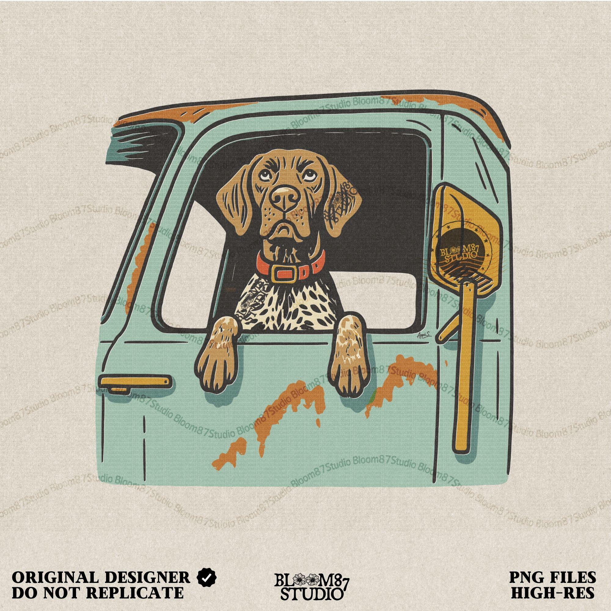 Vintage-style German Shorthaired Pointer with front paws out an old farm truck window – rustic hunting dog sublimation PNG.
