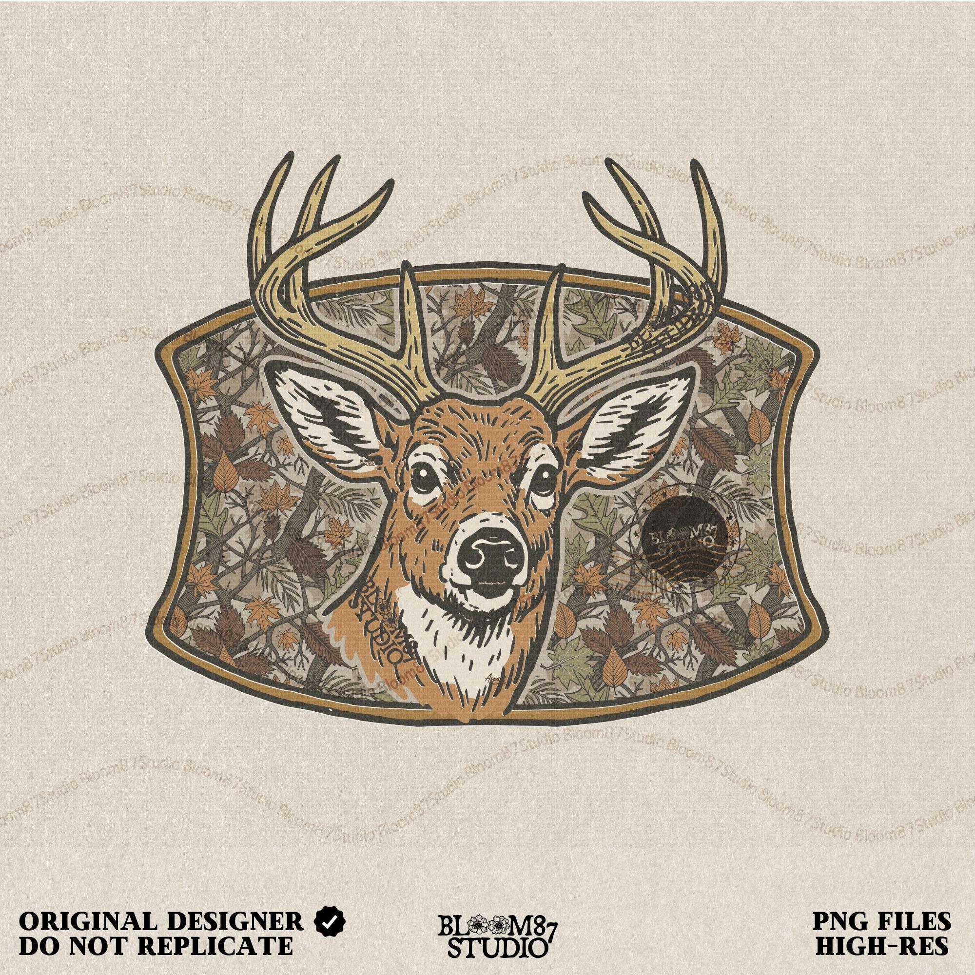 Illustration of a whitetail buck with large antlers in front of a fall forest camo background featuring leaves and branches, perfect for hunting-themed sublimation.