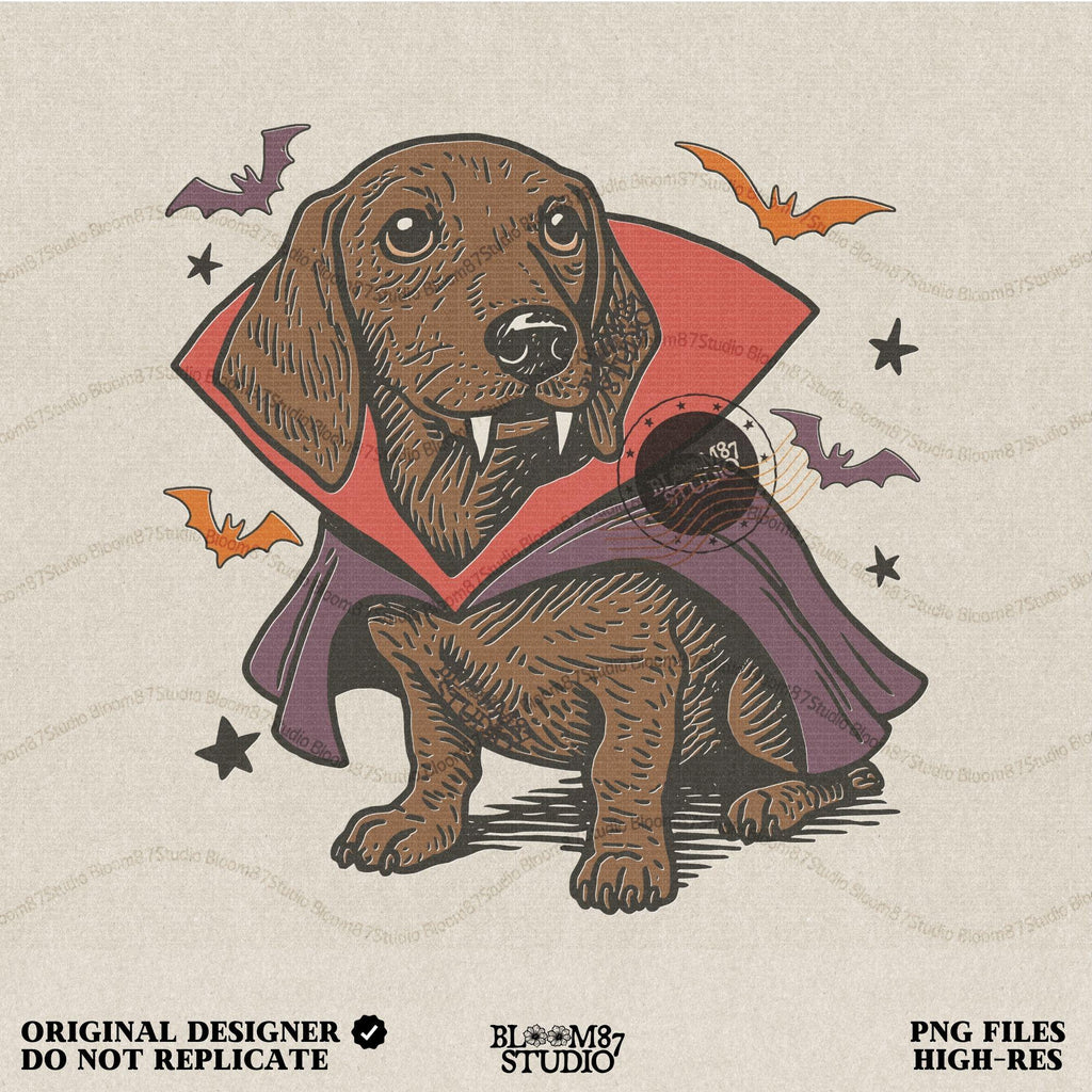 Cute dachshund dressed as a Halloween vampire with red and purple cape, fangs, and surrounded by bats on transparent background.