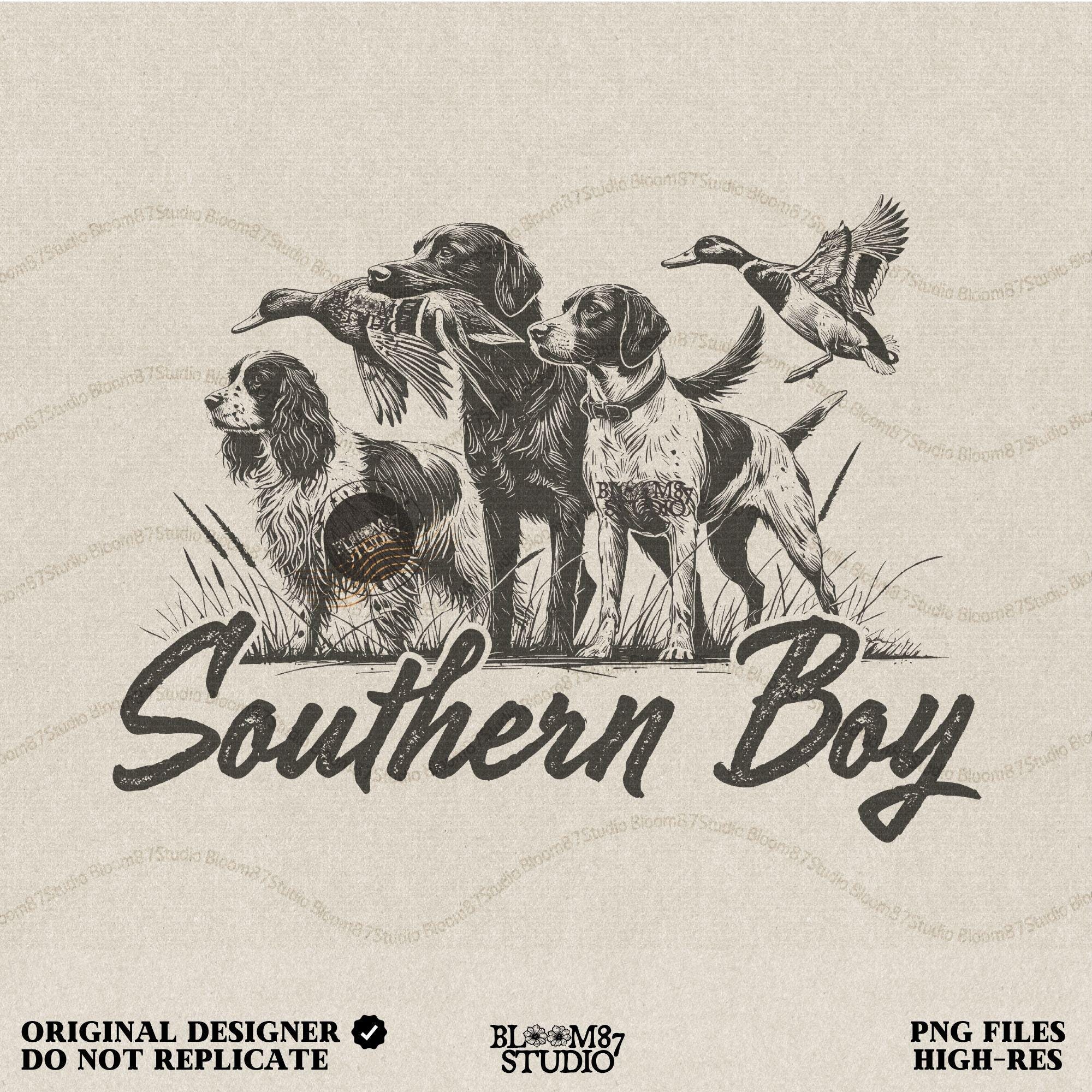 May include: Three t-shirts with the text 'Southern Boy' printed on the front. The t-shirts are in three different colors: beige, gray, and brown. Each t-shirt has a graphic of three dogs with a bird flying above them. The text 'INCLUDES 3 COLOR VERSIONS' is at the top of the image. The text 'PNG FILES' is at the bottom left of the image. The text 'BLM87 STUDIO' is at the bottom center of the image. The text '300 DPI' is at the bottom right of the image.v