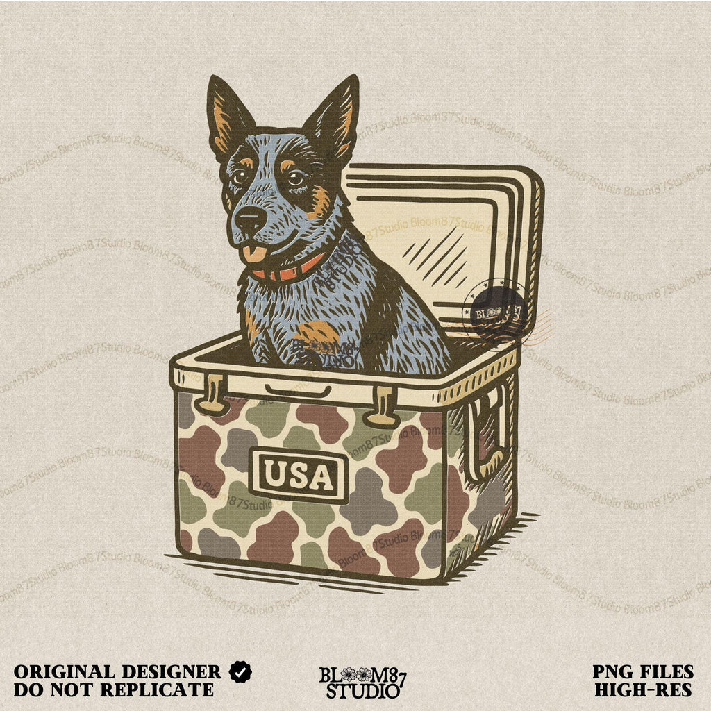 Blue Heeler Australian Cattle Dog sitting in USA camouflage ice chest cooler, patriotic digital PNG for sublimation designs.