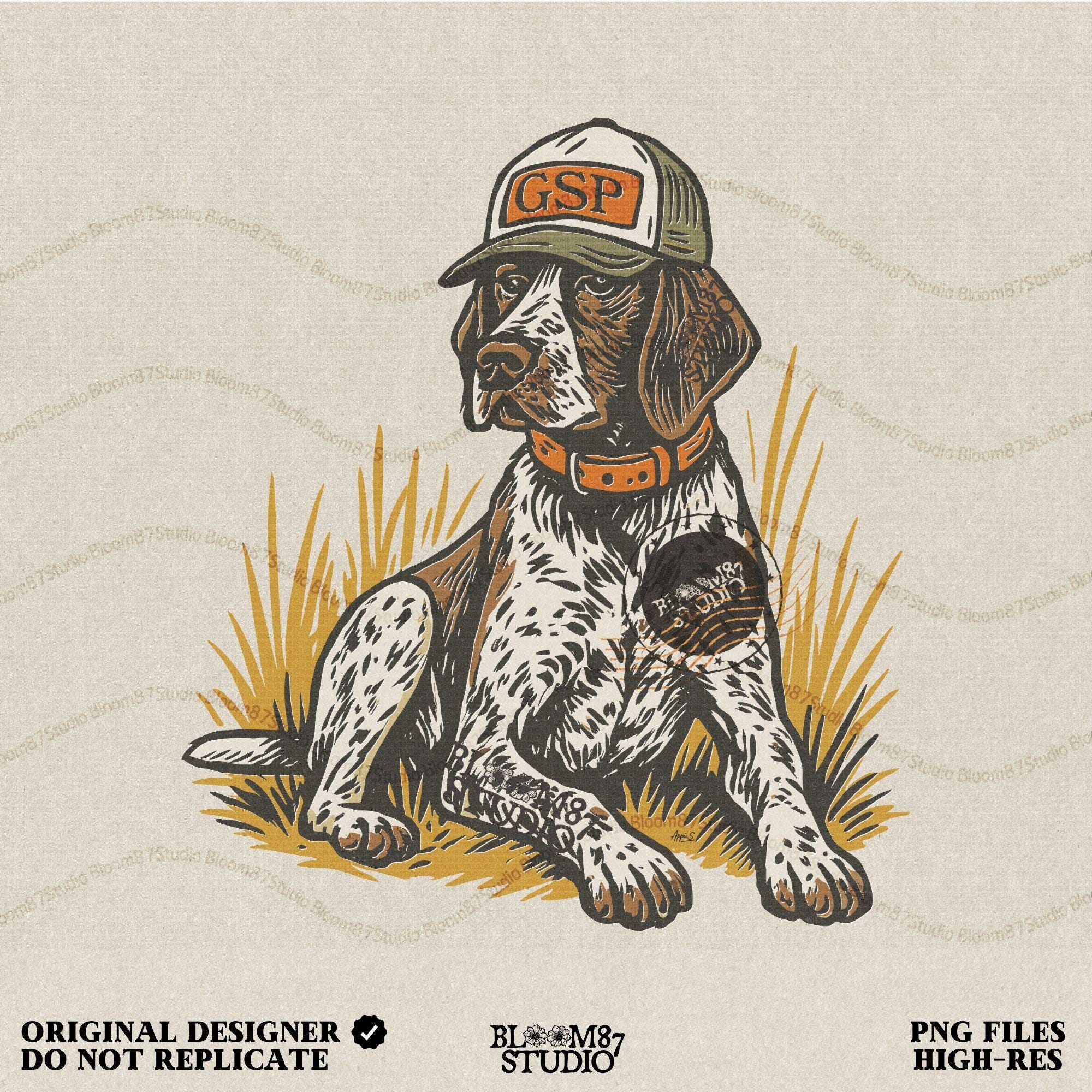 Illustration of a German Shorthaired Pointer dog wearing a GSP hat and orange collar, sitting in golden grass, perfect for hunting or fall-themed sublimation.