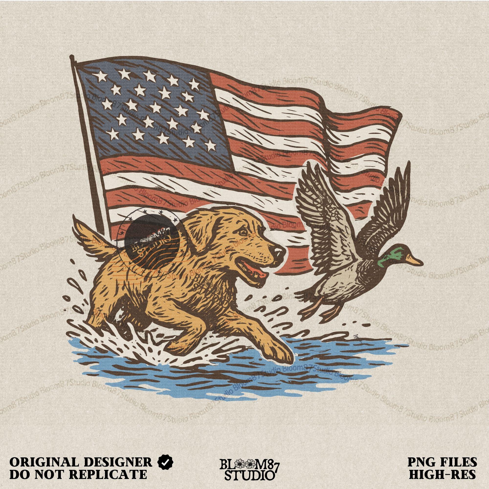 A yellow Labrador retriever splashing in water next to a flying duck, with a waving American flag in the background.