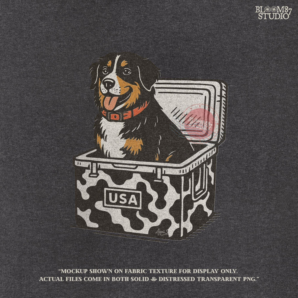 Bernese Mountain Dog sitting in a USA camo cooler, sublimation PNG design for hunting, camping, tailgate, and outdoor lifestyle projects.