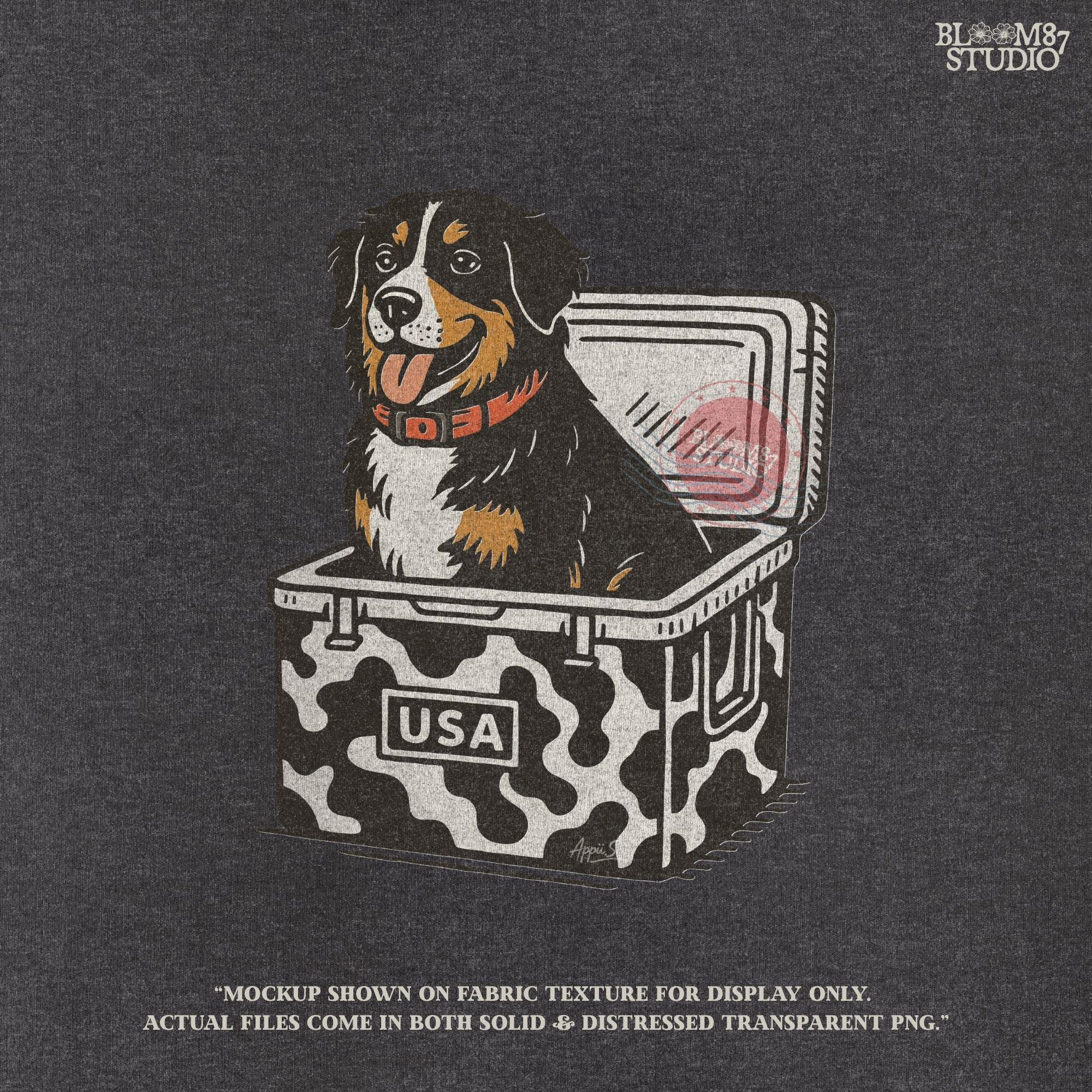 Bernese Mountain Dog sitting in a USA camo cooler, sublimation PNG design for hunting, camping, tailgate, and outdoor lifestyle projects.