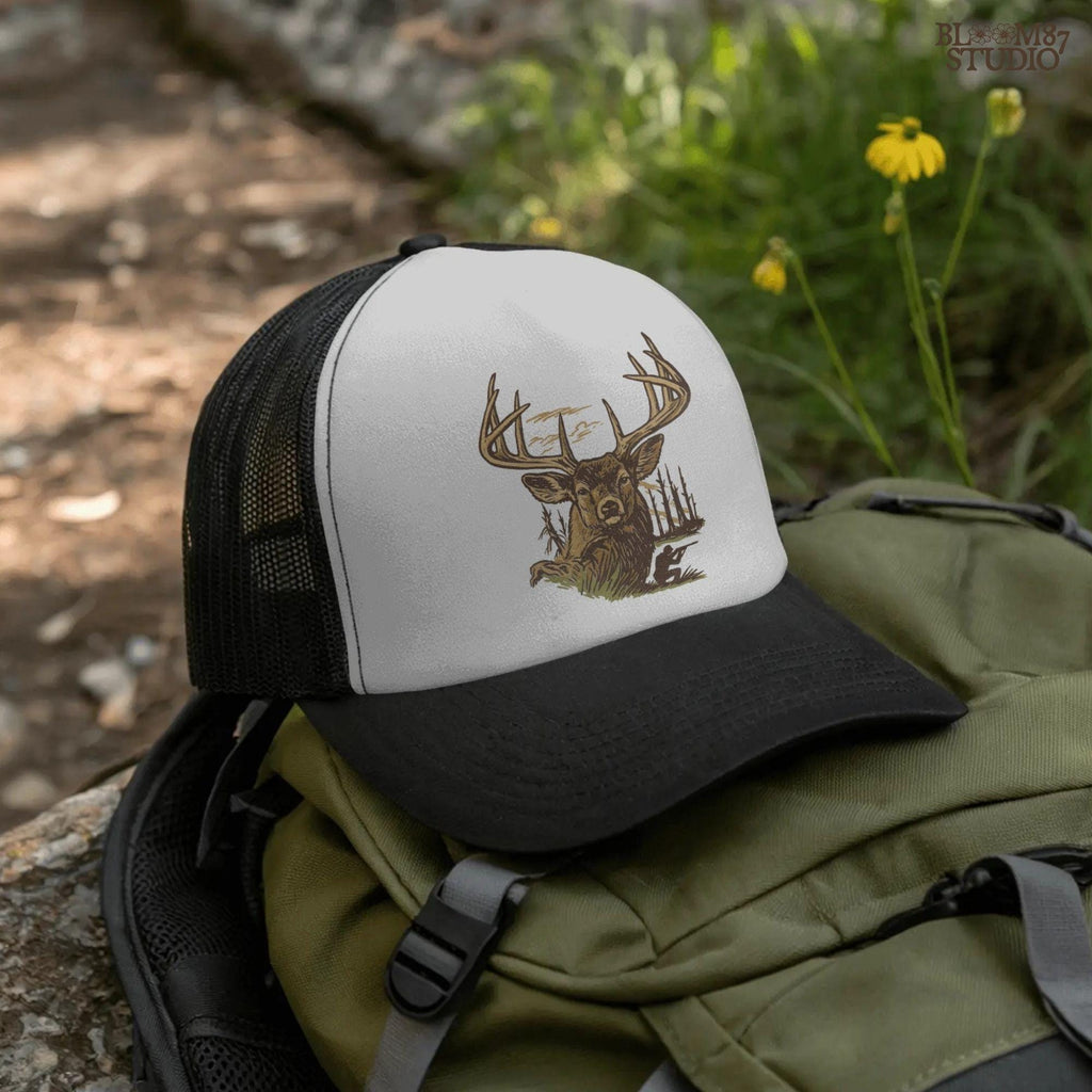 Large whitetail buck illustration with antlers and hunter silhouette in background, designed for sublimation crafts and hunting-themed apparel.