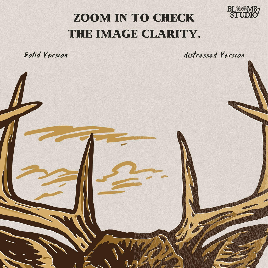 Large whitetail buck illustration with antlers and hunter silhouette in background, designed for sublimation crafts and hunting-themed apparel.