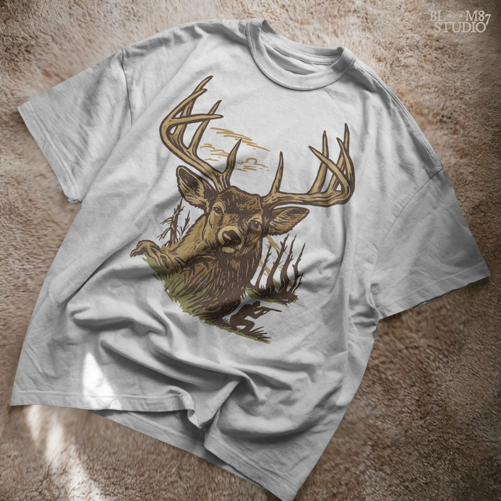 Large whitetail buck illustration with antlers and hunter silhouette in background, designed for sublimation crafts and hunting-themed apparel.