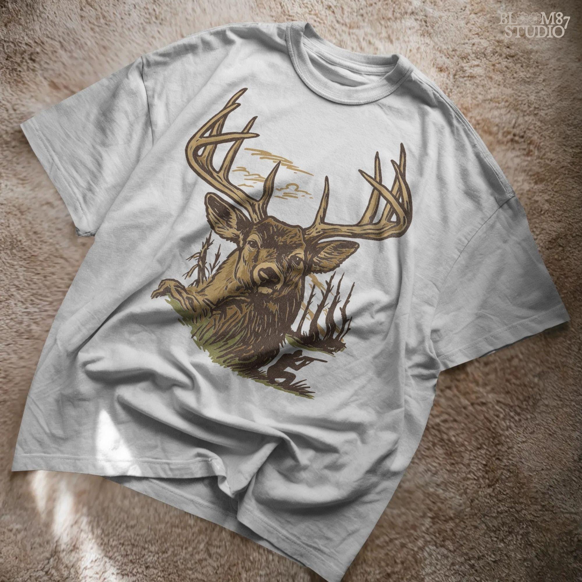 Large whitetail buck illustration with antlers and hunter silhouette in background, designed for sublimation crafts and hunting-themed apparel.
