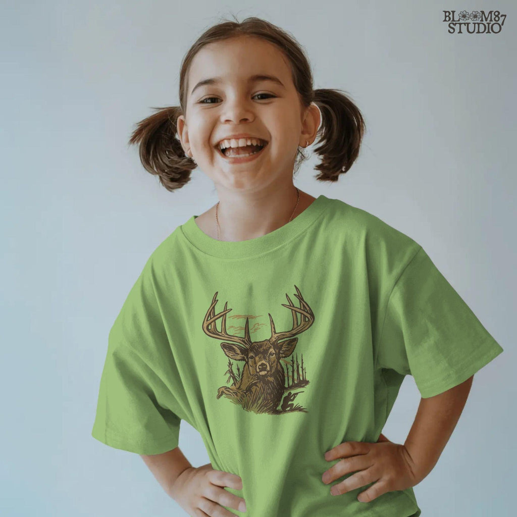 Large whitetail buck illustration with antlers and hunter silhouette in background, designed for sublimation crafts and hunting-themed apparel.