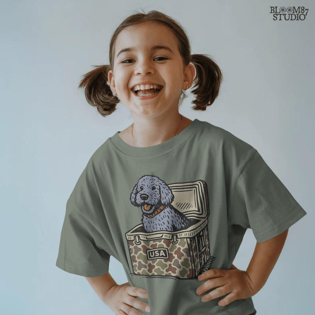 Cartoon grey doodle dog illustration, sublimation PNG design for doodle dog lovers, pet-inspired gifts, apparel, mugs, and DIY crafts.