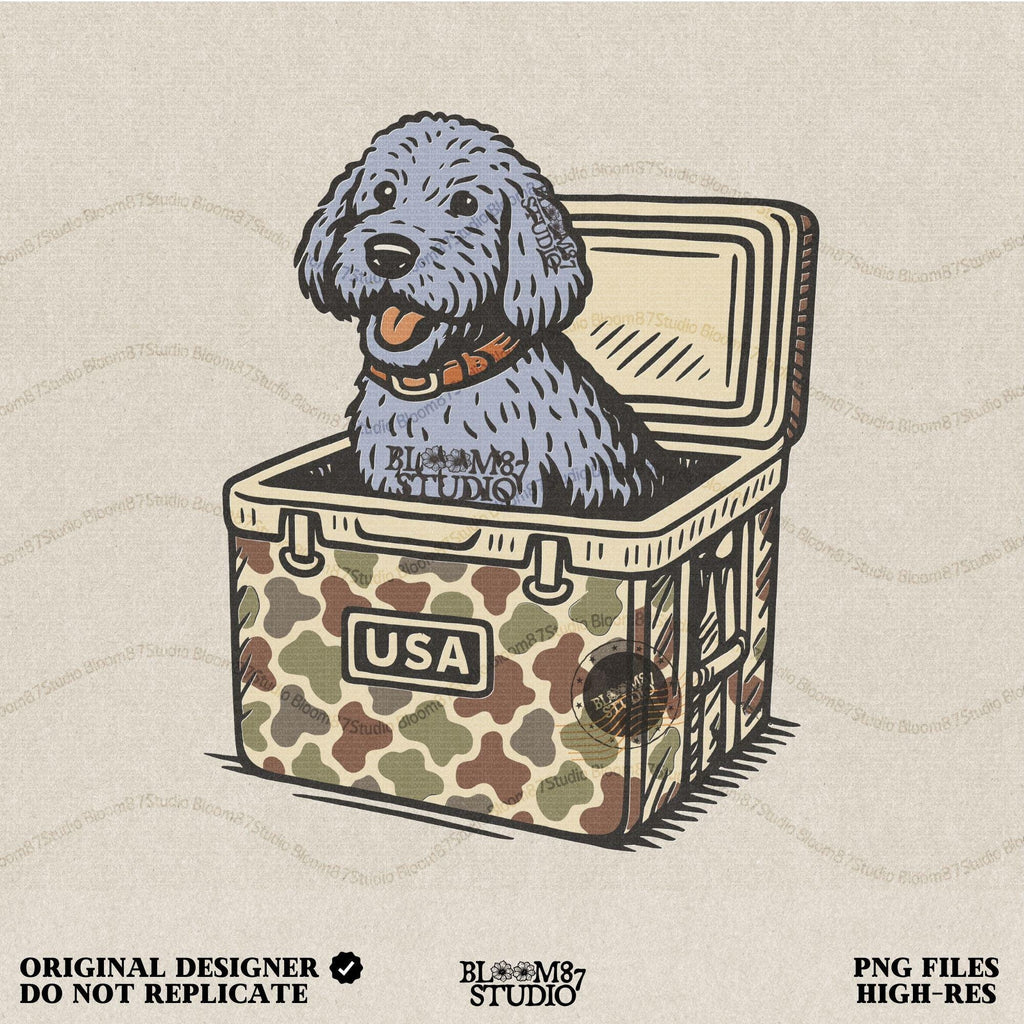 Cartoon grey doodle dog illustration, sublimation PNG design for doodle dog lovers, pet-inspired gifts, apparel, mugs, and DIY crafts.