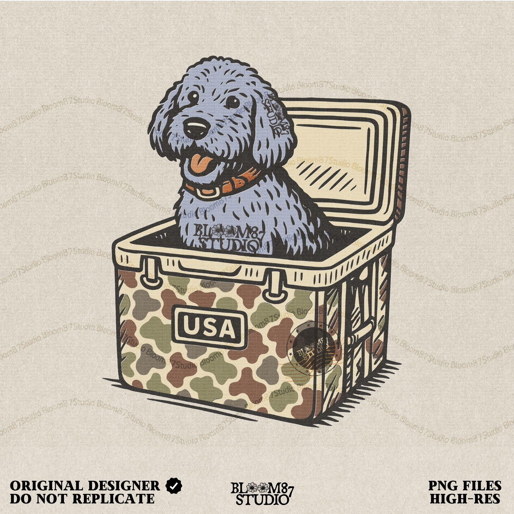 Cartoon grey doodle dog illustration, sublimation PNG design for doodle dog lovers, pet-inspired gifts, apparel, mugs, and DIY crafts.