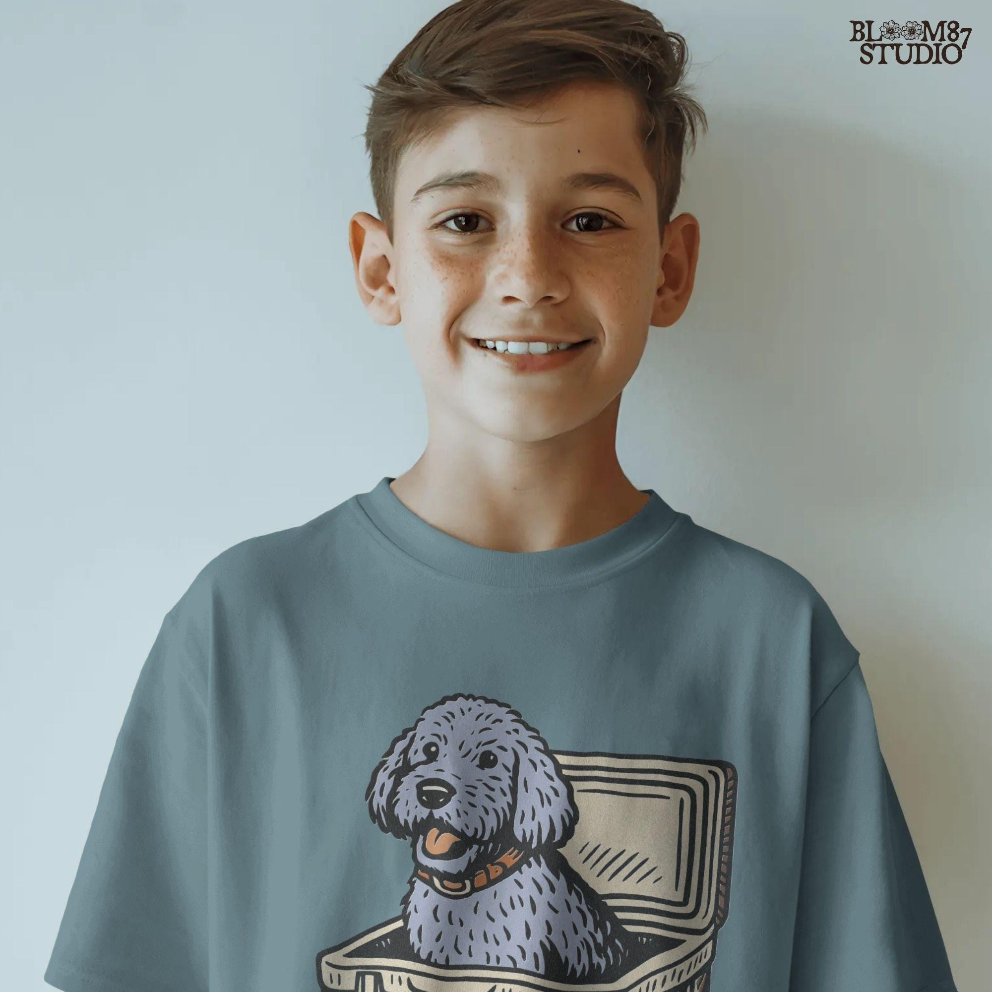Cartoon grey doodle dog illustration, sublimation PNG design for doodle dog lovers, pet-inspired gifts, apparel, mugs, and DIY crafts.