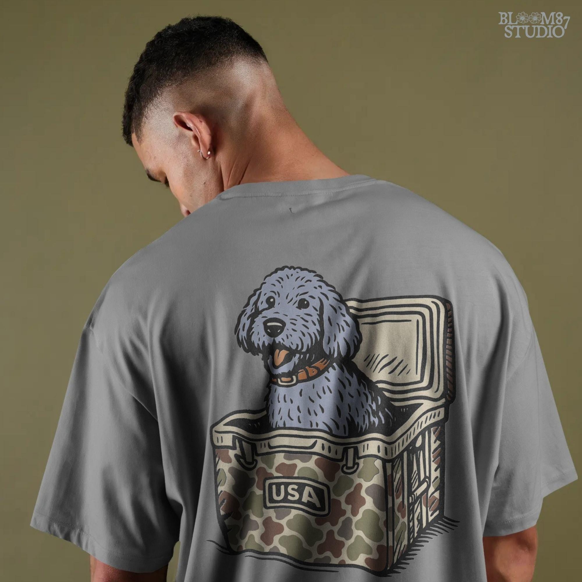 Cartoon grey doodle dog illustration, sublimation PNG design for doodle dog lovers, pet-inspired gifts, apparel, mugs, and DIY crafts.