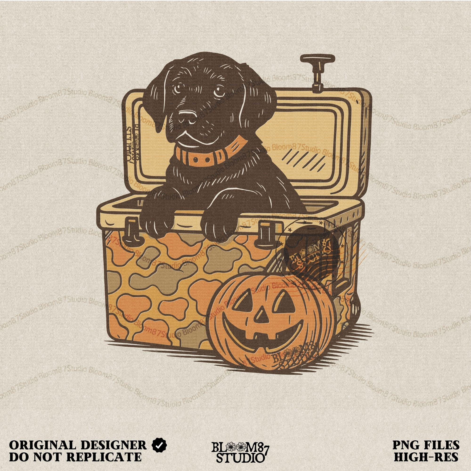 Black Labrador retriever sitting in a cooler with a pumpkin, Halloween sublimation PNG design for dog lovers, seasonal crafts, and apparel.