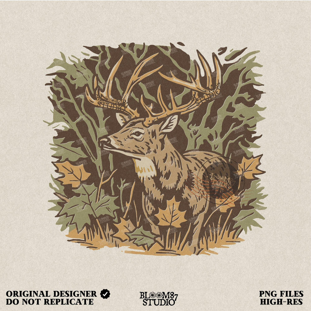 Illustration of a whitetail buck in a fall forest surrounded by autumn leaves, ideal for rustic sublimation or hunting-themed shirt design.