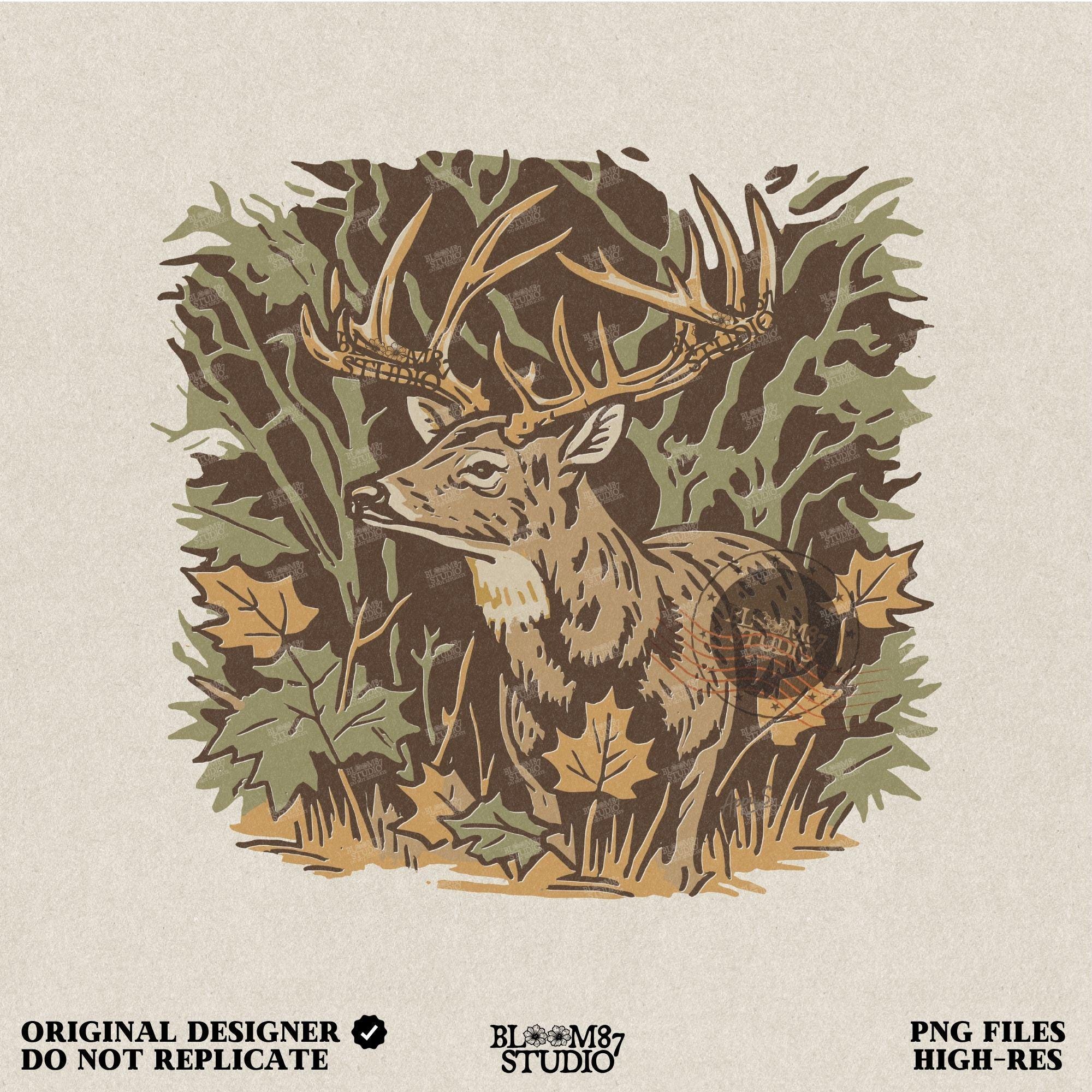 Illustration of a whitetail buck in a fall forest surrounded by autumn leaves, ideal for rustic sublimation or hunting-themed shirt design.
