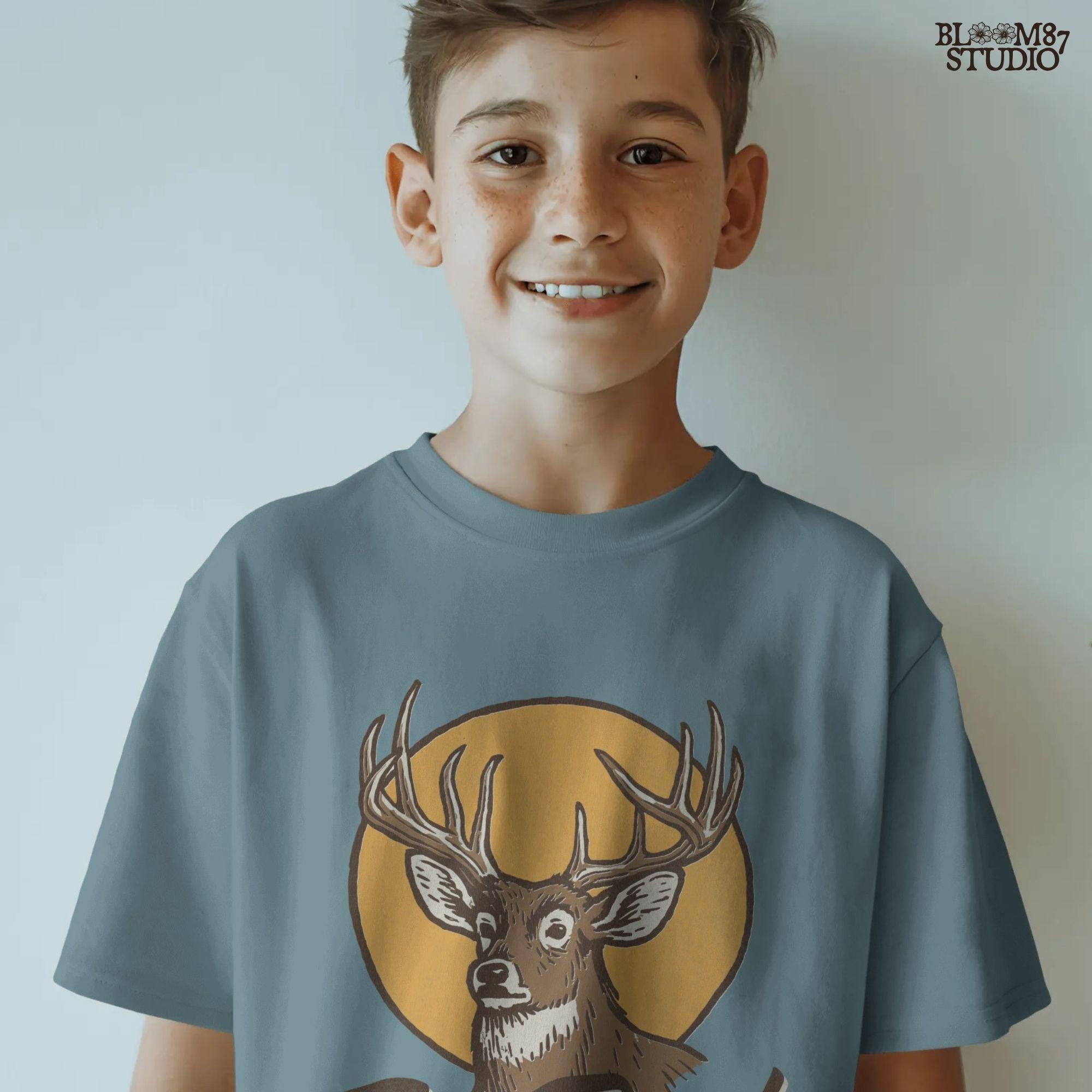 Illustration of a whitetail buck with antlers in front of a fall sun and the text “Fall Buck,” perfect for rustic hunting sublimation designs.