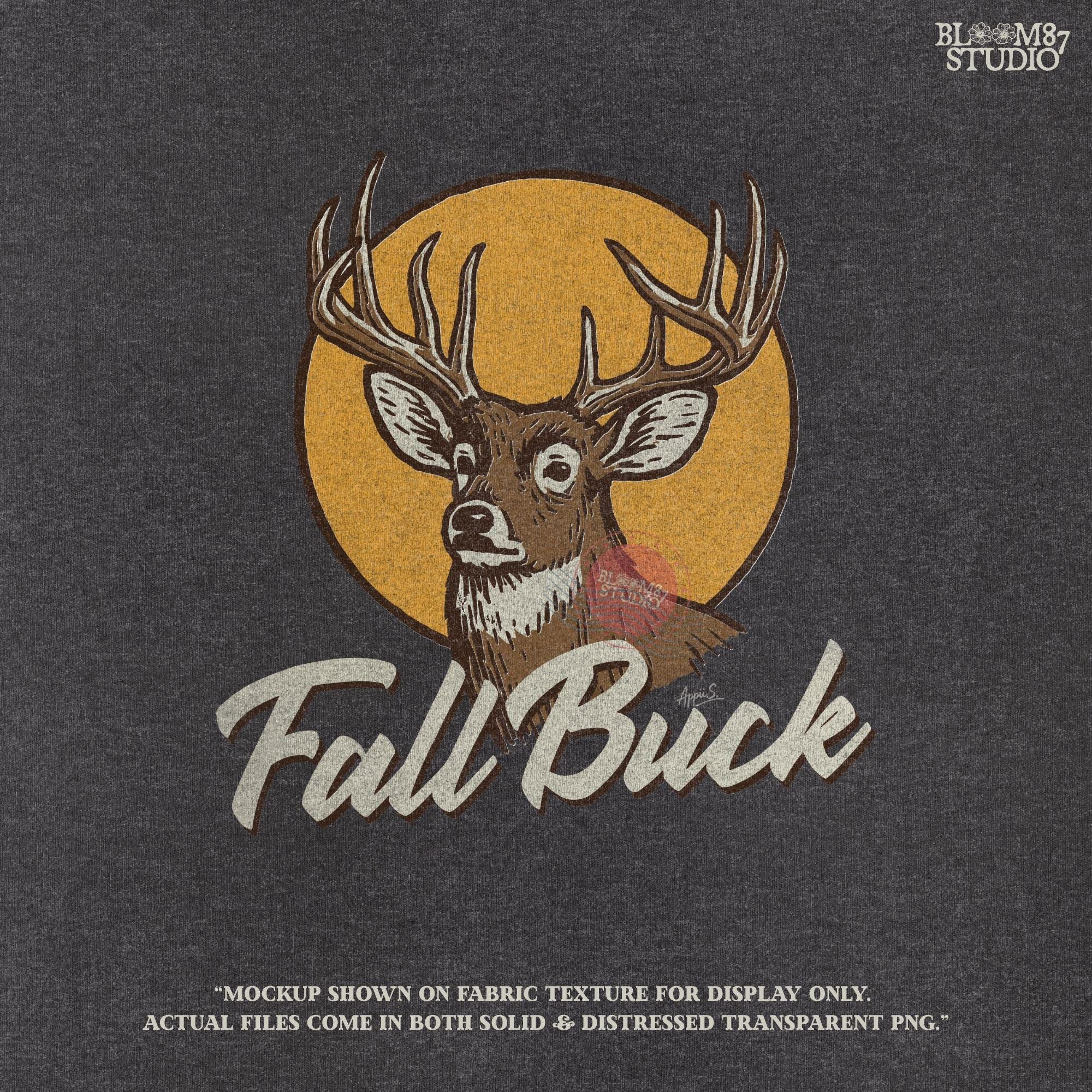 Illustration of a whitetail buck with antlers in front of a fall sun and the text “Fall Buck,” perfect for rustic hunting sublimation designs.