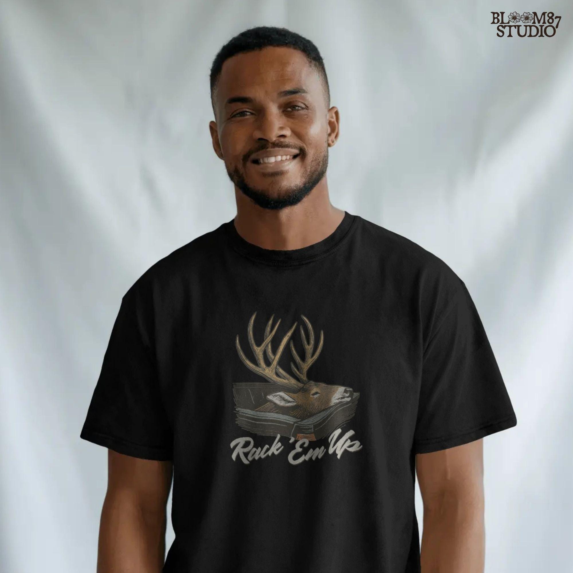 Deer mount PNG with large antlers and the phrase “Rack ’Em Up,” ideal for rustic hunting sublimation and fall country shirt designs.