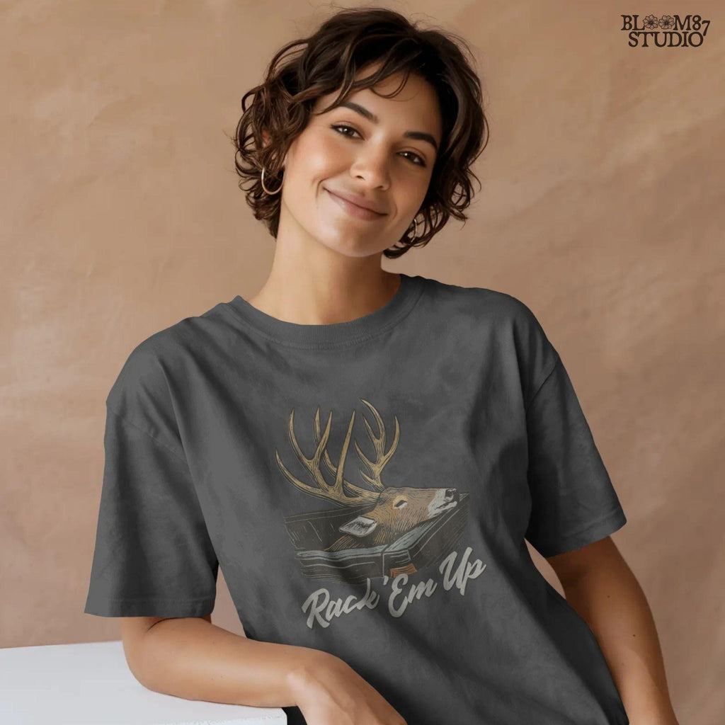 Deer mount PNG with large antlers and the phrase “Rack ’Em Up,” ideal for rustic hunting sublimation and fall country shirt designs.