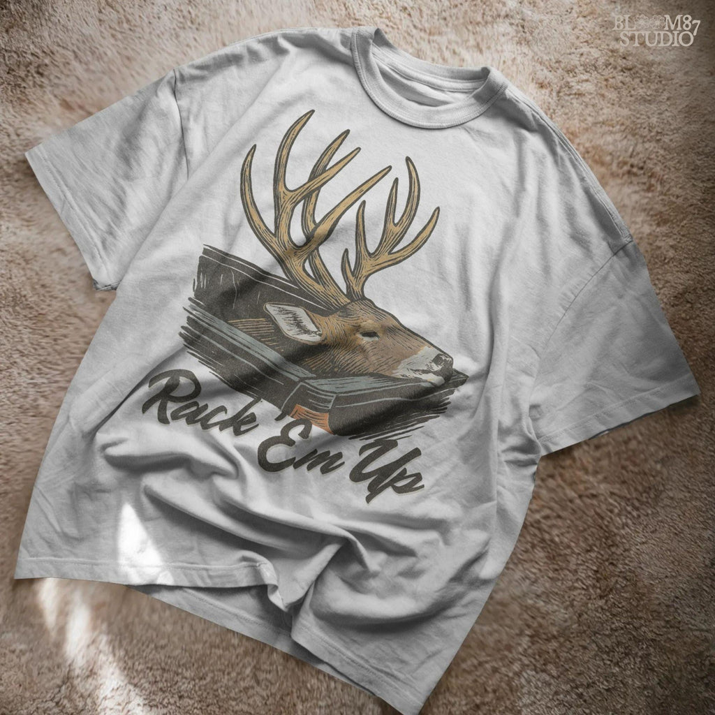 Deer mount PNG with large antlers and the phrase “Rack ’Em Up,” ideal for rustic hunting sublimation and fall country shirt designs.