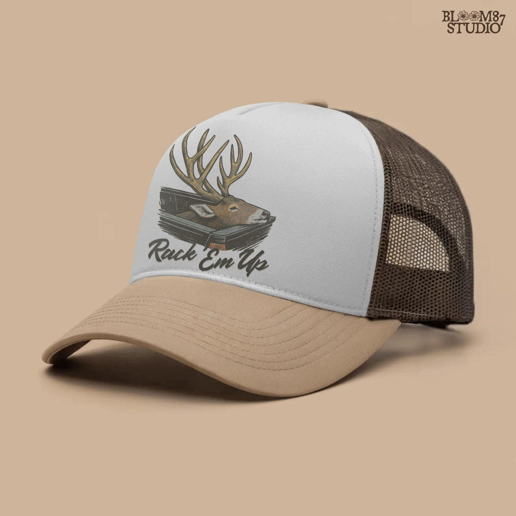 Deer mount PNG with large antlers and the phrase “Rack ’Em Up,” ideal for rustic hunting sublimation and fall country shirt designs.
