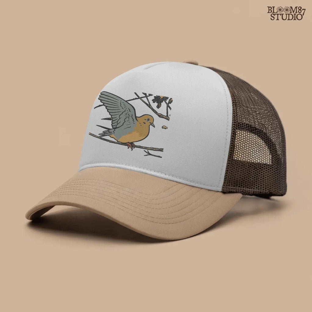 Rustic sublimation PNG of a mourning dove perched on a tree branch, ideal for hunting-themed or fall wildlife shirt designs.