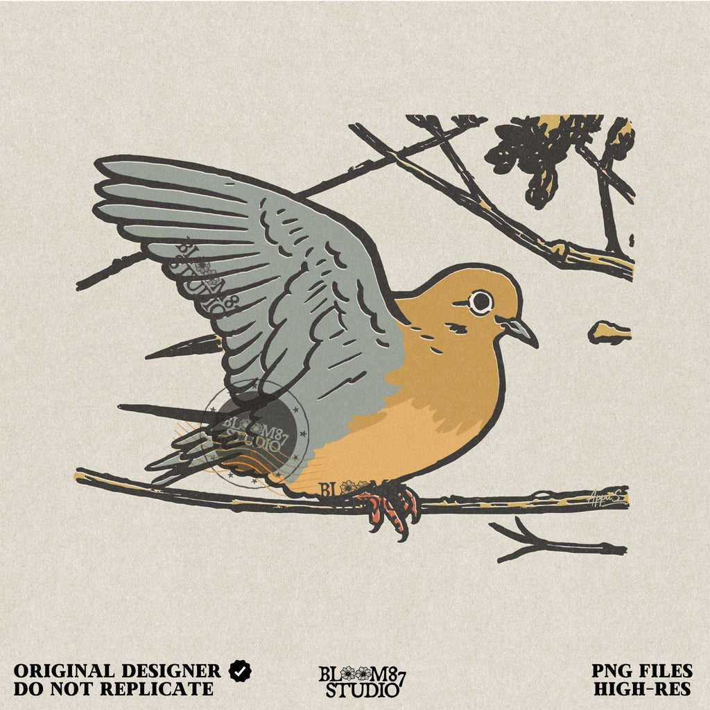 Rustic sublimation PNG of a mourning dove perched on a tree branch, ideal for hunting-themed or fall wildlife shirt designs.
