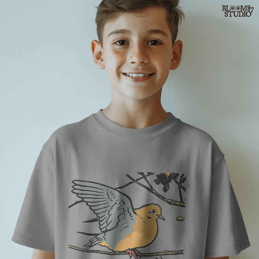 Rustic sublimation PNG of a mourning dove perched on a tree branch, ideal for hunting-themed or fall wildlife shirt designs.