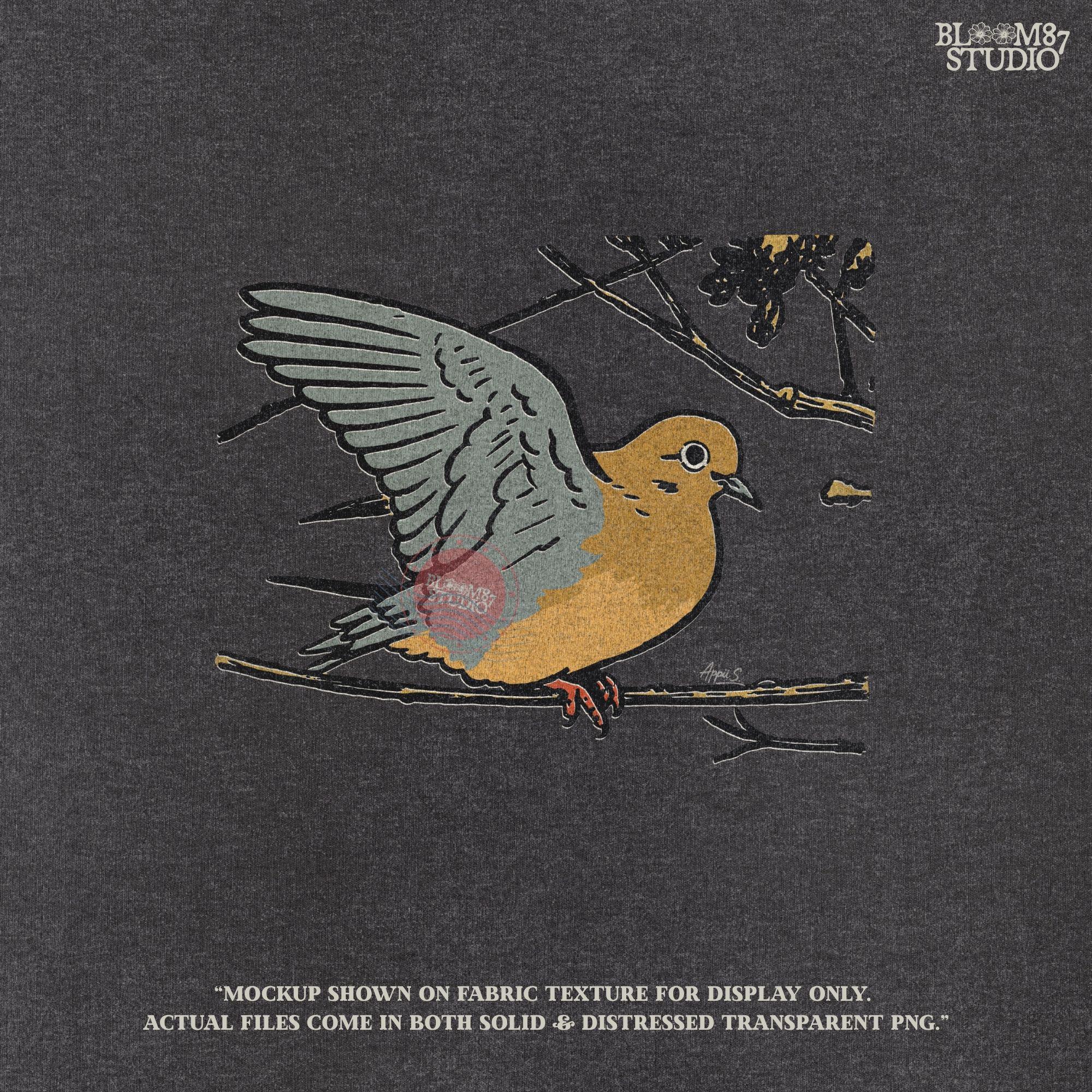 Rustic sublimation PNG of a mourning dove perched on a tree branch, ideal for hunting-themed or fall wildlife shirt designs.