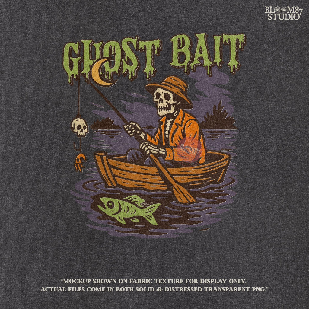 Funny Halloween PNG design of a skeleton fisherman in a wooden boat with a skull as bait and a ghostly fish, titled “Ghost Bait”.