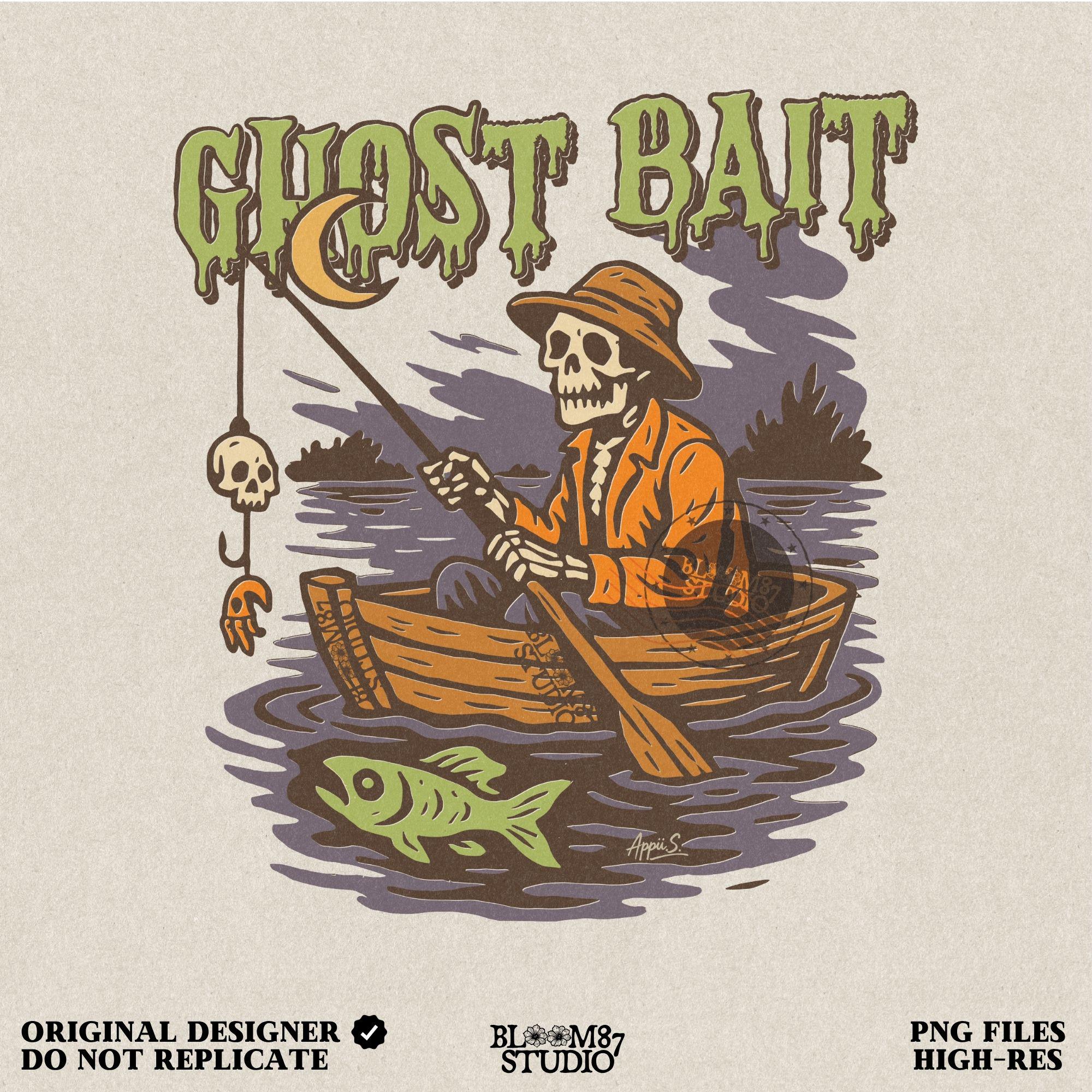 Funny Halloween PNG design of a skeleton fisherman in a wooden boat with a skull as bait and a ghostly fish, titled “Ghost Bait”.